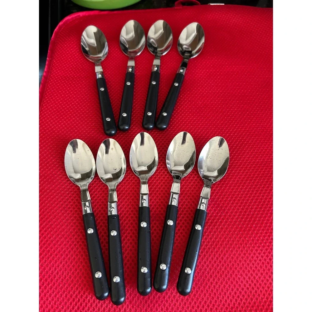 9 Piece Stainless Steel Teaspoon Set Black Riveted Handle Bistro Style Flatware